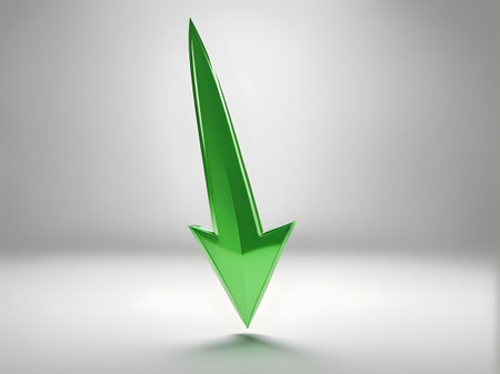 3d rendering of a green arrow pointing up on a gray background. Computer generated image.の素材