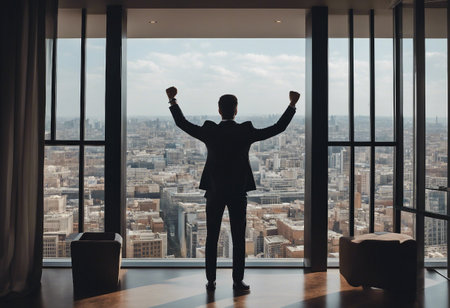 Back view of successful businessman standing in office with raised hands and looking at city view. AI-generated.の素材