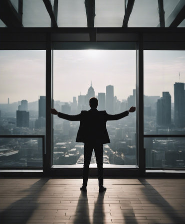 Back view of successful businessman standing in office with raised hands and looking at city view. AI-generated.の素材