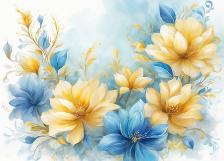 Watercolor floral background with blue and yellow flowers. Digital painting.の素材
