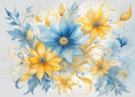 Watercolor floral background with blue and yellow flowers. Digital painting.の素材