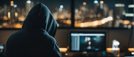 Hacker seen from behind in front of computers. AI-generated.の素材