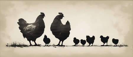 Silhouettes of chiks and chickens.の素材