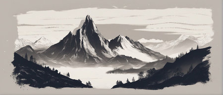 Mountains in the mist. Black an white illustration. Ai-generated.の素材