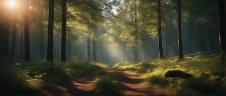Sunrise in the forest. Panorama of a path in the woods. AI-generated.の素材