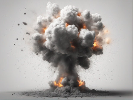 Explosion of smoke and fire isolated on white background. Ai-generated.の素材