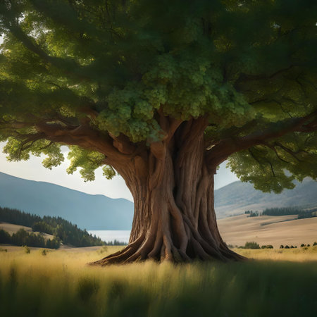 Big tree in the meadow at sunset. 3d illustration. Ai-generated.の素材