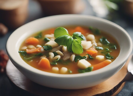 Vegetable soup with chickpeas and vegetables in a bowlの素材