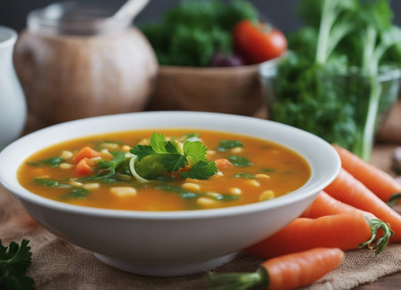 vegetable soup with carrot and parsley in a white bowlの素材