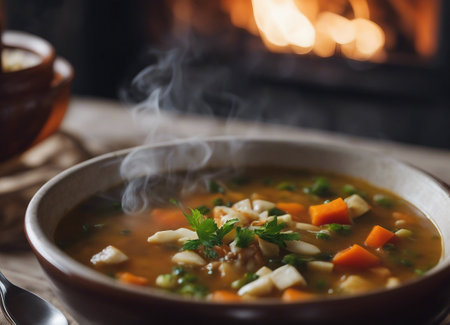 Vegetable soup in a bowl on the background of the fireplaceの素材