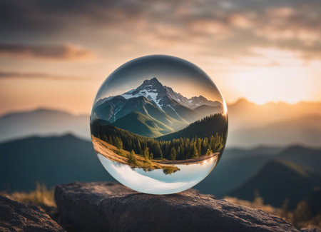 Crystal ball with mountain landscape inside. Ai-generated.の素材