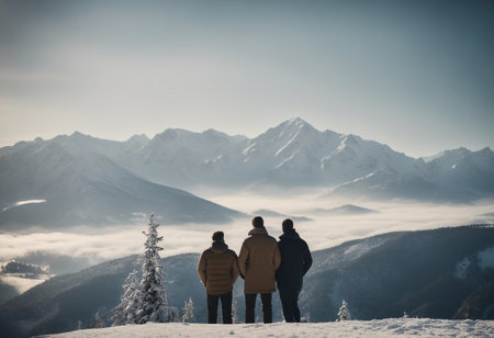 Men seen from behind looking at snow-covered mountain landscape. AI-generated.の素材