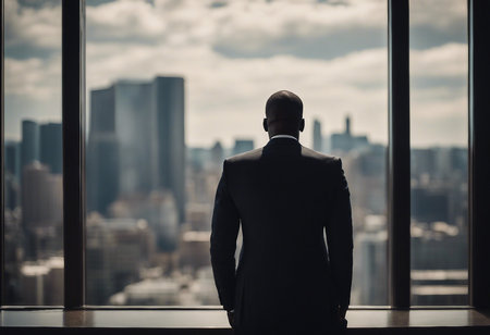 Back view of a black man in a suit looking out at the city through a window.の素材
