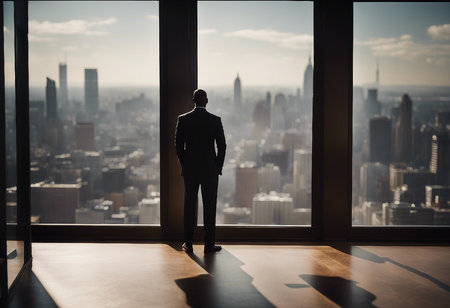 Back view of a black man in a suit looking out at the city through a window.の素材
