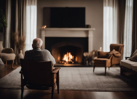 Back view of an old man seated in front of a fireplace.の素材