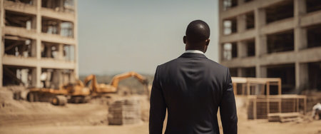 Black man in suit, seen from behind, looking at a construction site in Africa.の素材