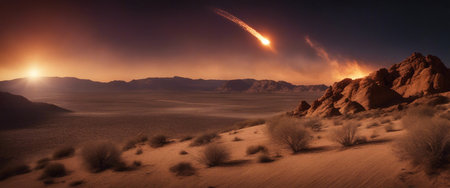 Burning meteorite or asteroid rapidly crossing the dark sky, with a trail of fire, desert landscape.の素材
