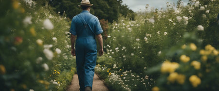 Gardener walking through a flowering garden.の素材