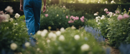 Gardener walking through a flowering garden.の素材