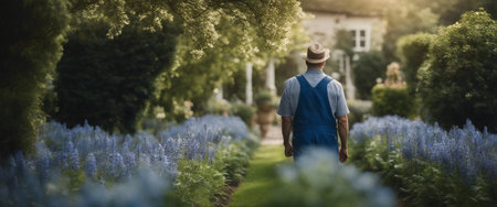 Gardener walking through a flowering garden.の素材