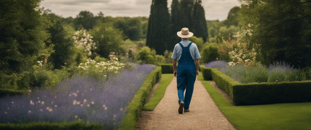 Gardener walking through a flowering garden.の素材