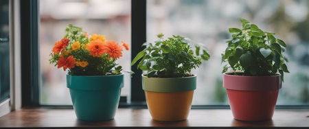 Colorful flowerpots lined up in front of a window.の素材