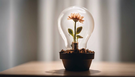 Flower in a light bulb planted in a flowerpot.の素材