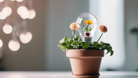 Flower in a light bulb planted in a flowerpot.の素材