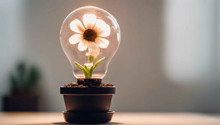 Flower in a light bulb planted in a flowerpot.の素材