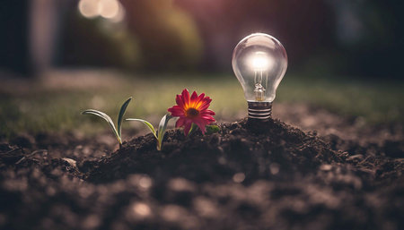 Light bulb and flower growing in the soil, eco energy concept.の素材