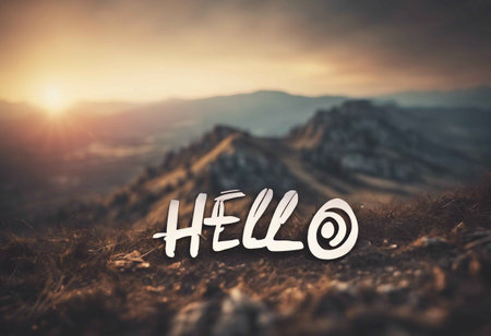 The word "Hello" superimposed on a mountain landscape, sunrise background.の素材