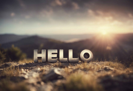 The word "Hello" superimposed on a mountain landscape, sunrise background.の素材