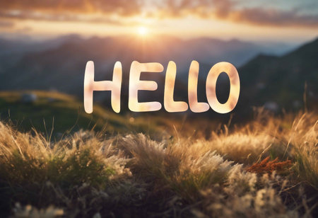 The word "Hello" superimposed on a mountain landscape, sunrise background.の素材