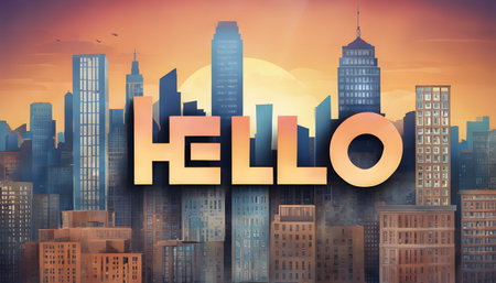 The word HELLO inscribed on the silhouette of a city, a sunrise background.の素材