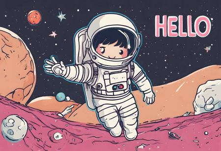 The word "HELLO" with cute astronaut in the background.の素材