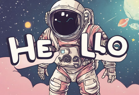The word "HELLO" with cute astronaut in the background.の素材