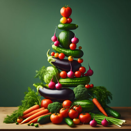 Vegetables on top of each other in a precarious balance.の素材