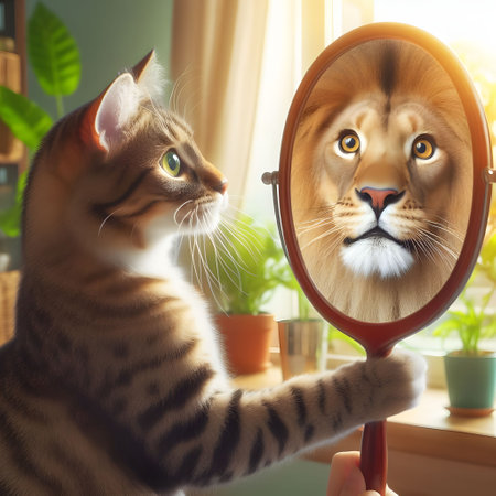 Cat looking at his reflection in a mirror and seeing a lion.の素材