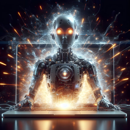 Robot emerging from a laptop screen.の素材