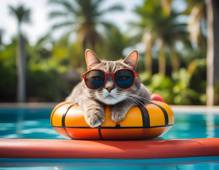 Cute cat wearing sunglasses and inflatable ring in swimming pool.の素材
