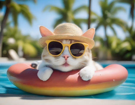 Cute cat wearing sunglasses and hat lying on an inflatable ring in swimming poolの素材
