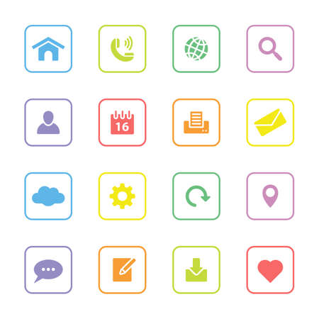 Colorful simple flat icon set 1 with rounded rectangle frame - for web design, user interface ui, infographic and mobile applicationのイラスト素材