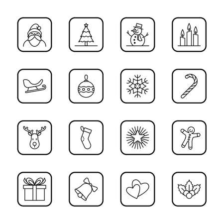 Christmas and new year icon set vector illustration - black outline with rounded rectangle frameのイラスト素材