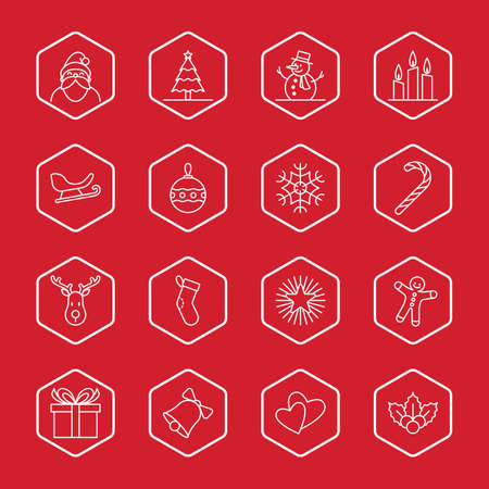Christmas and new year icon set vector illustration - white outline with hexagon frameのイラスト素材