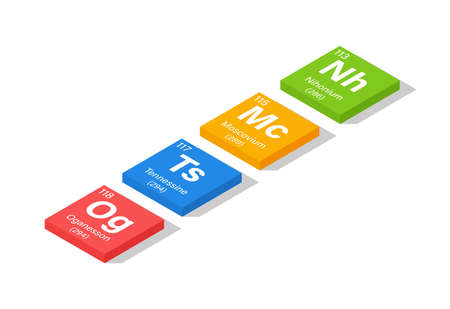 2016 New Elements in the Periodic Table - Nihonium, Moscovium, Tennessine and Oganesson - 3d isometric styleのイラスト素材