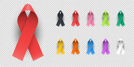 Realistic Colorful Awareness Ribbons Design Element Banner Emblem Sign Symbol Vector Illustration Various Colors on Transparent Backgroundのイラスト素材