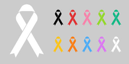 Colorful awareness ribbons design element banner emblem sign, symbol vector illustration. Various colors on gray background.のイラスト素材