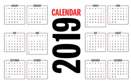 2019 Calendar Design Template Vector Illustration Simple Clear Week Start from Sundayのイラスト素材
