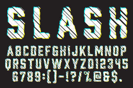 Trendy Distorted Glitch Font Typeface Letters, Numbers and Symbols Vector Illustrationのイラスト素材