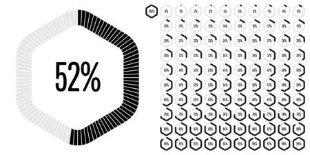 Set of hexagon percentage diagrams from 0 to 100 ready-to-use for web design, user interface (UI) or...